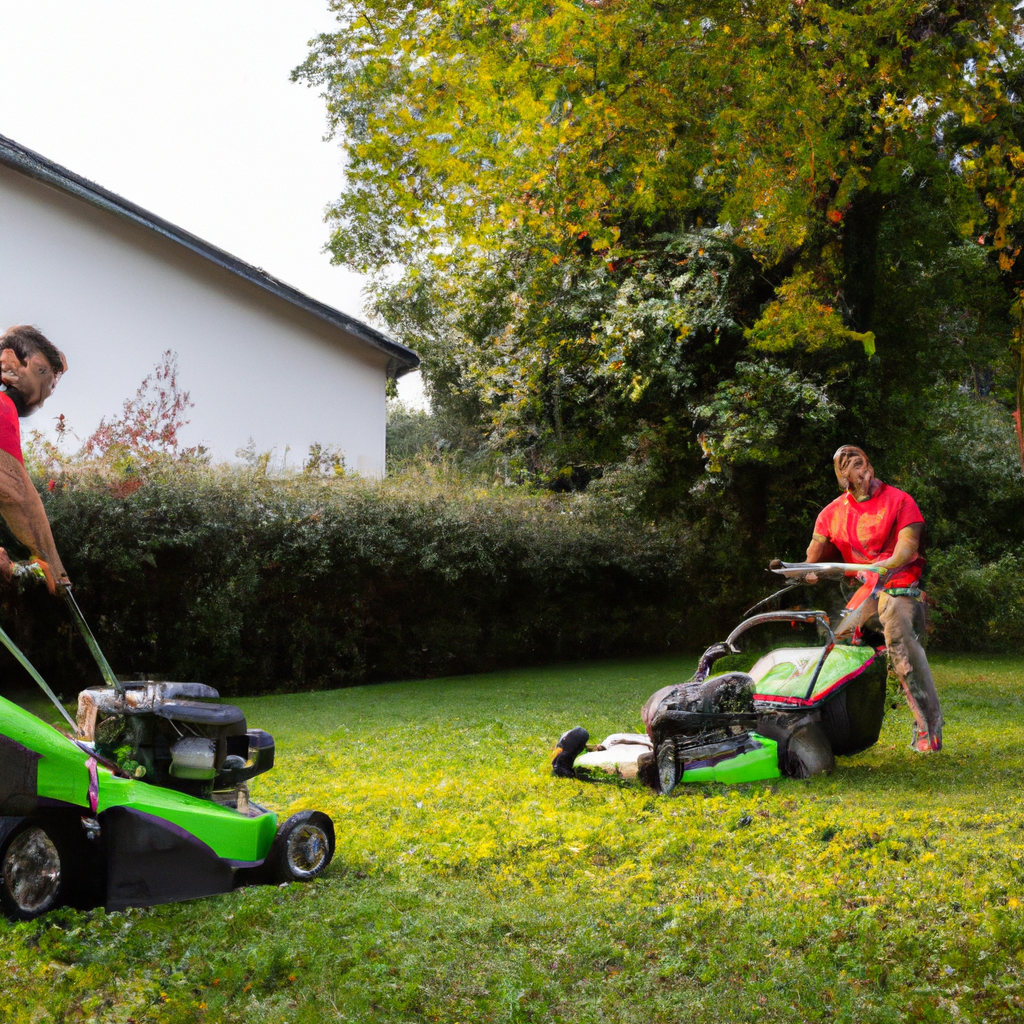 Professionele grasmaaiers aan het werk in een zonovergoten Belgische tuin met elektrische maaier